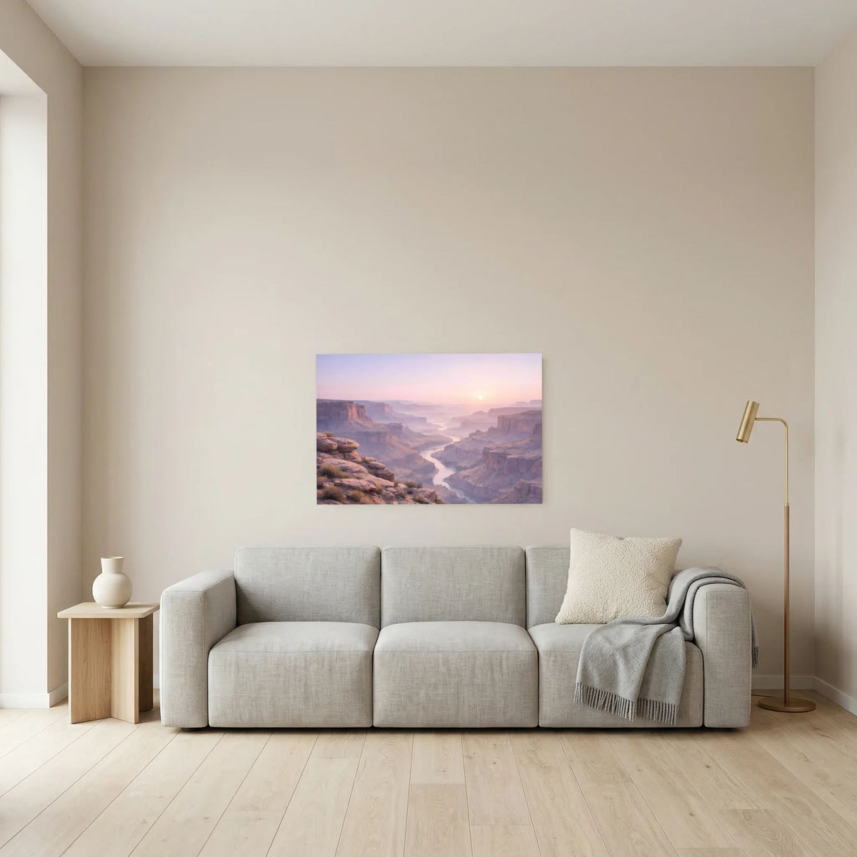 Wandbild Querformat mit Canyon-Motiv, Sonnenaufgang über Schluchten, Fluss sichtbar.