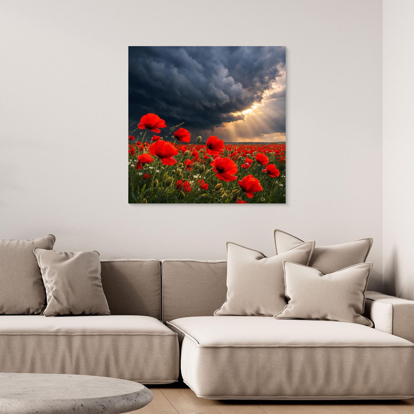 Leinwandbild mit roten Mohnblumen und dramatischem Gewitterhimmel