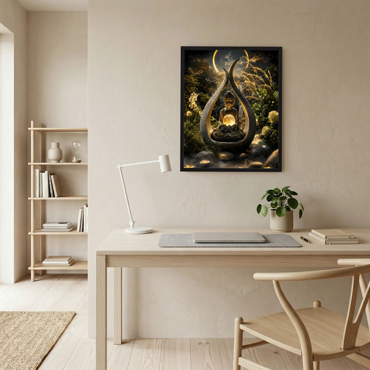 Gerahmtes Buddha-Kunstposter im Wohnbereich: meditierende Figur mit goldener Lichtkugel, dunkel.