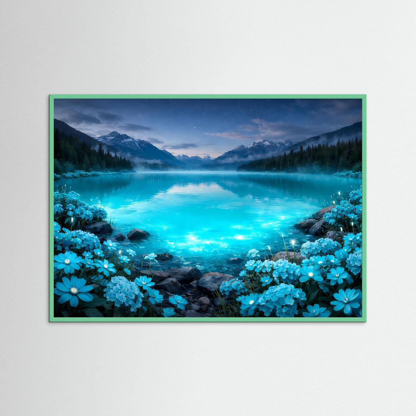 Poster mit türkisfarbenem Bergsee, Bergen und blauen Blumen im dunkelgrünen Holzrahmen