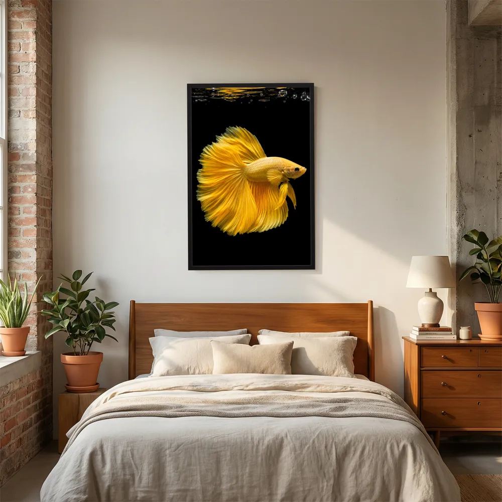 Kunstposter mit goldenem Kampffisch und ausgebreiteten gelben Flossen im schwarzen Rahmen
