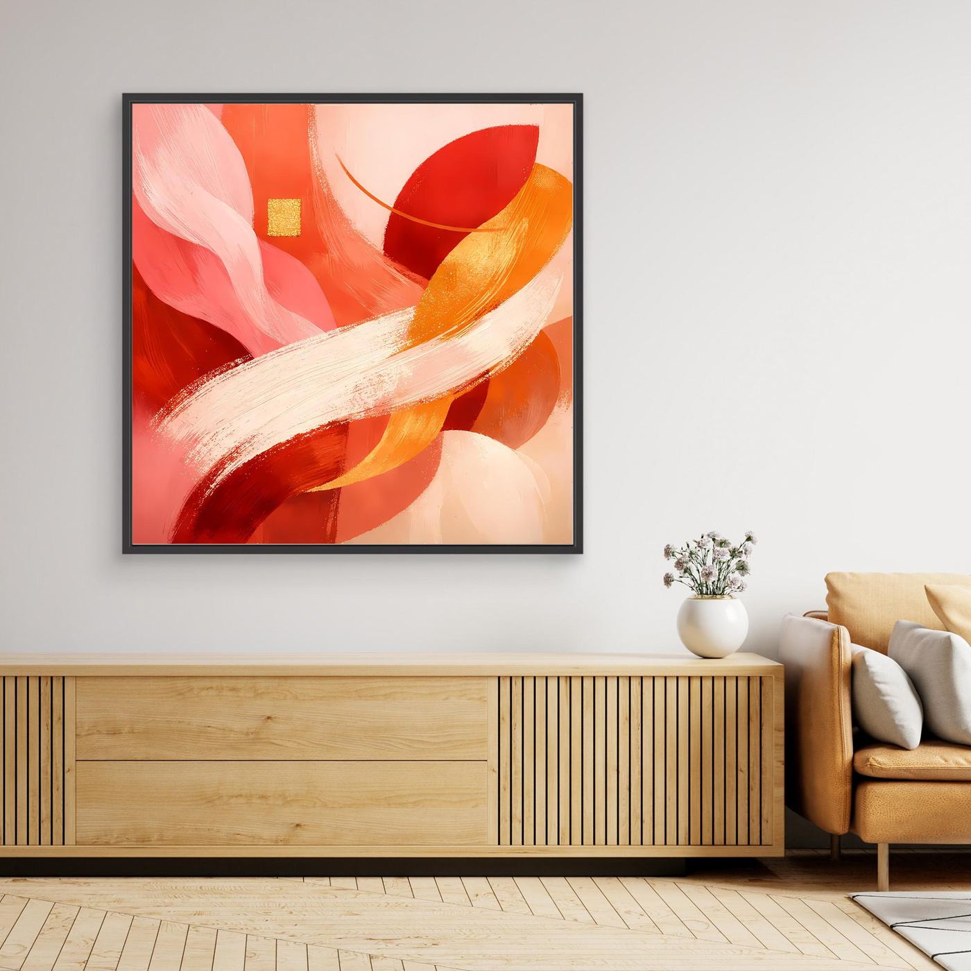 Leinwandbild mit schwarzem Rahmen, abstraktes Warmes Rot-Orange-Gold mit geschwungenen Formen