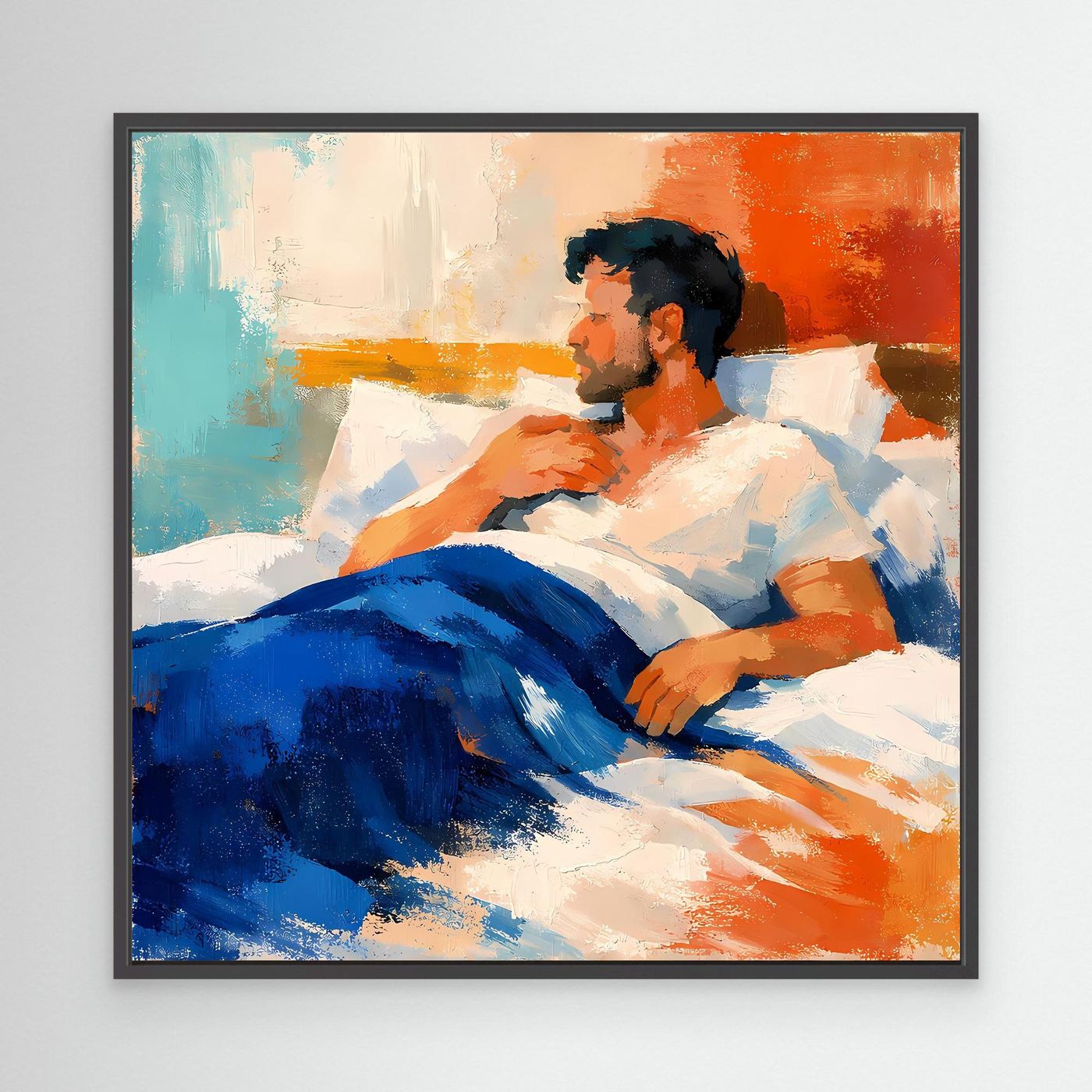 Leinwand-Wandbild mit liegendem Mann, abstrakte Farbflächen in Blau, Orange und Türkis im schwarzen Rahmen