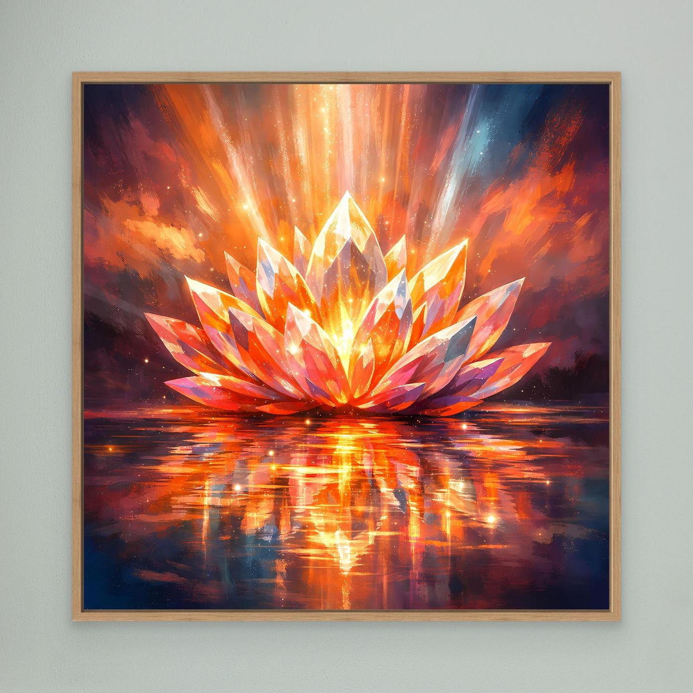 Leinwandbild mit leuchtender Lotusblüte in orange und blau, im hellen Holzrahmen