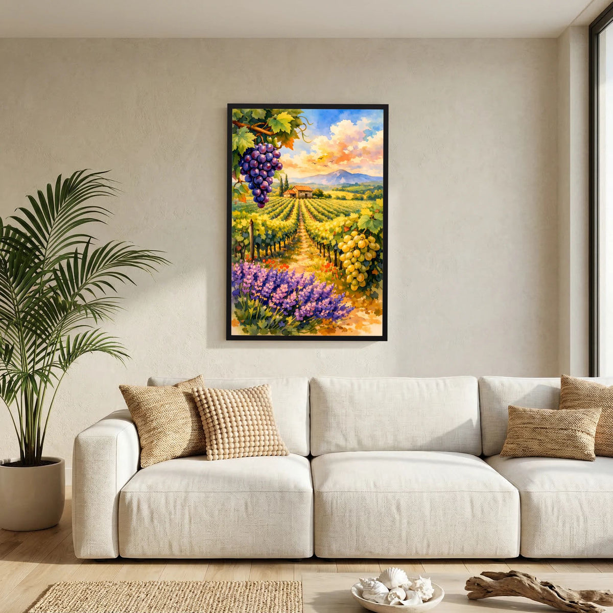 Poster Hochformat mit Weinreben, Trauben und Lavendelblüten, schwarze Einfassung