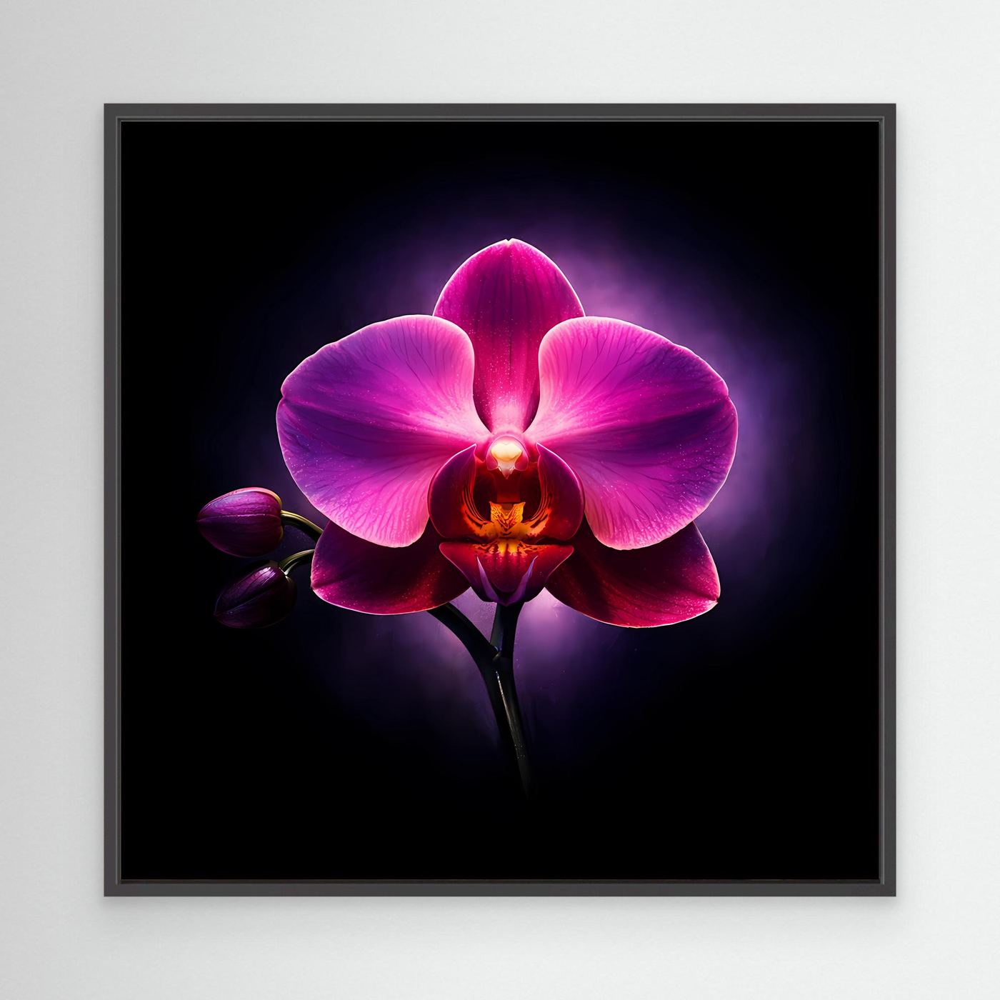 Leinwandbild mit abstrakter Orchidee, pink-lila Blüte, mit dunkelgrauem Rahmen