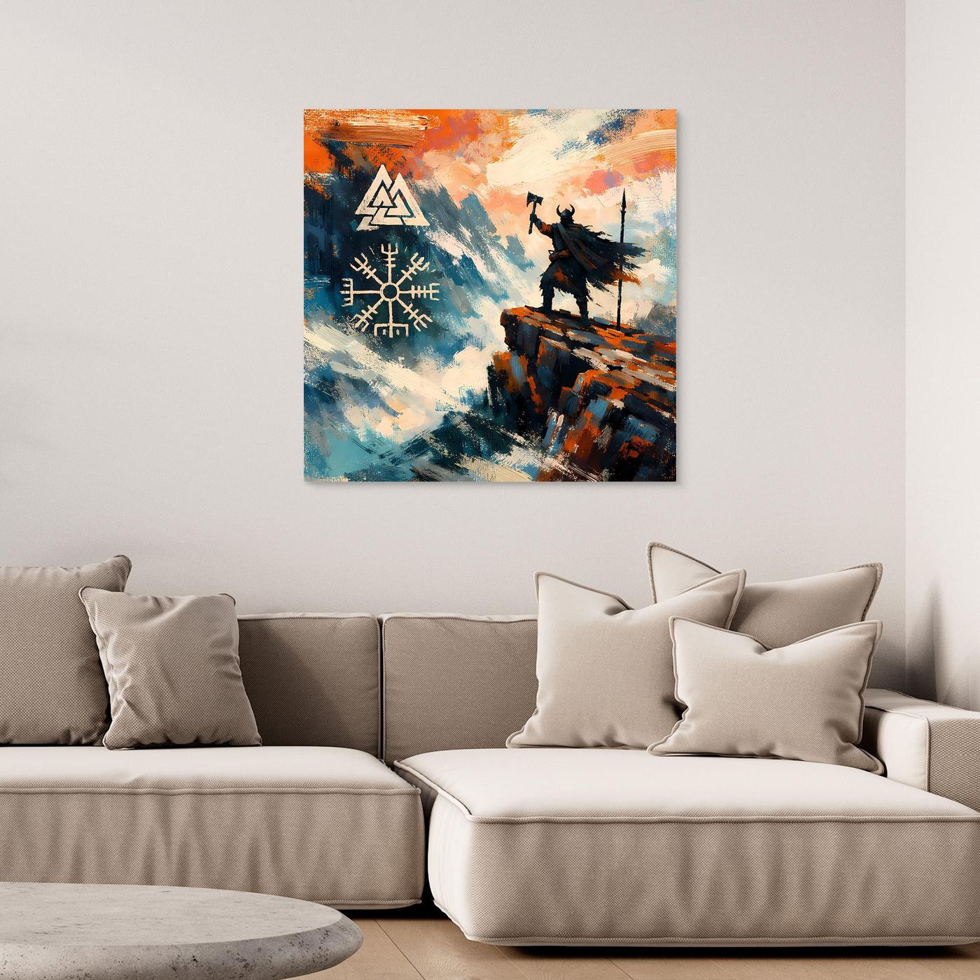 Leinwand-Wandbild mit Wikingermotiv und Vegvisir, Kompasssymbol in Blau und Orange
