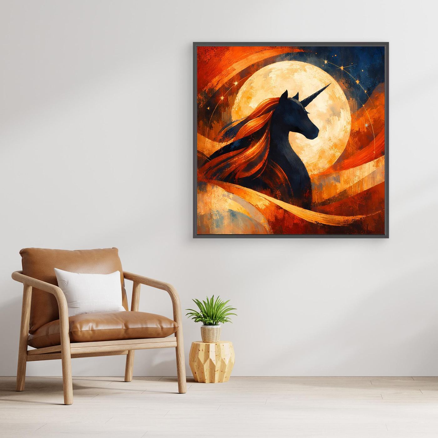 Leinwandbild mit Einhorn vor Vollmond, abstrakte Farbflächen, hellbrauner Holzrahmen