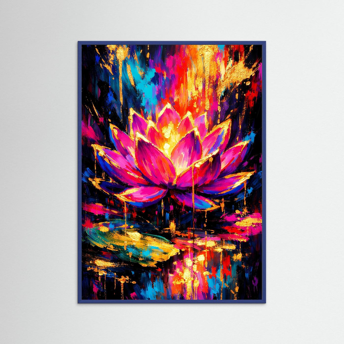 Abstraktes Poster mit Lotusform in Pink, Lila, Blau und Gold im blauen Rahmen