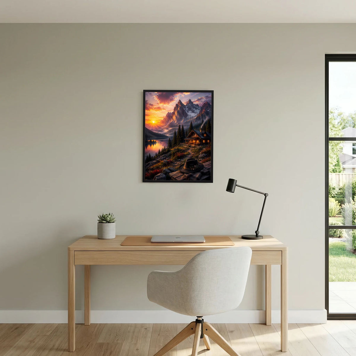 Poster im Hochformat mit Bergsee und Berghütte im Sonnenuntergang, schwarzer Rahmen