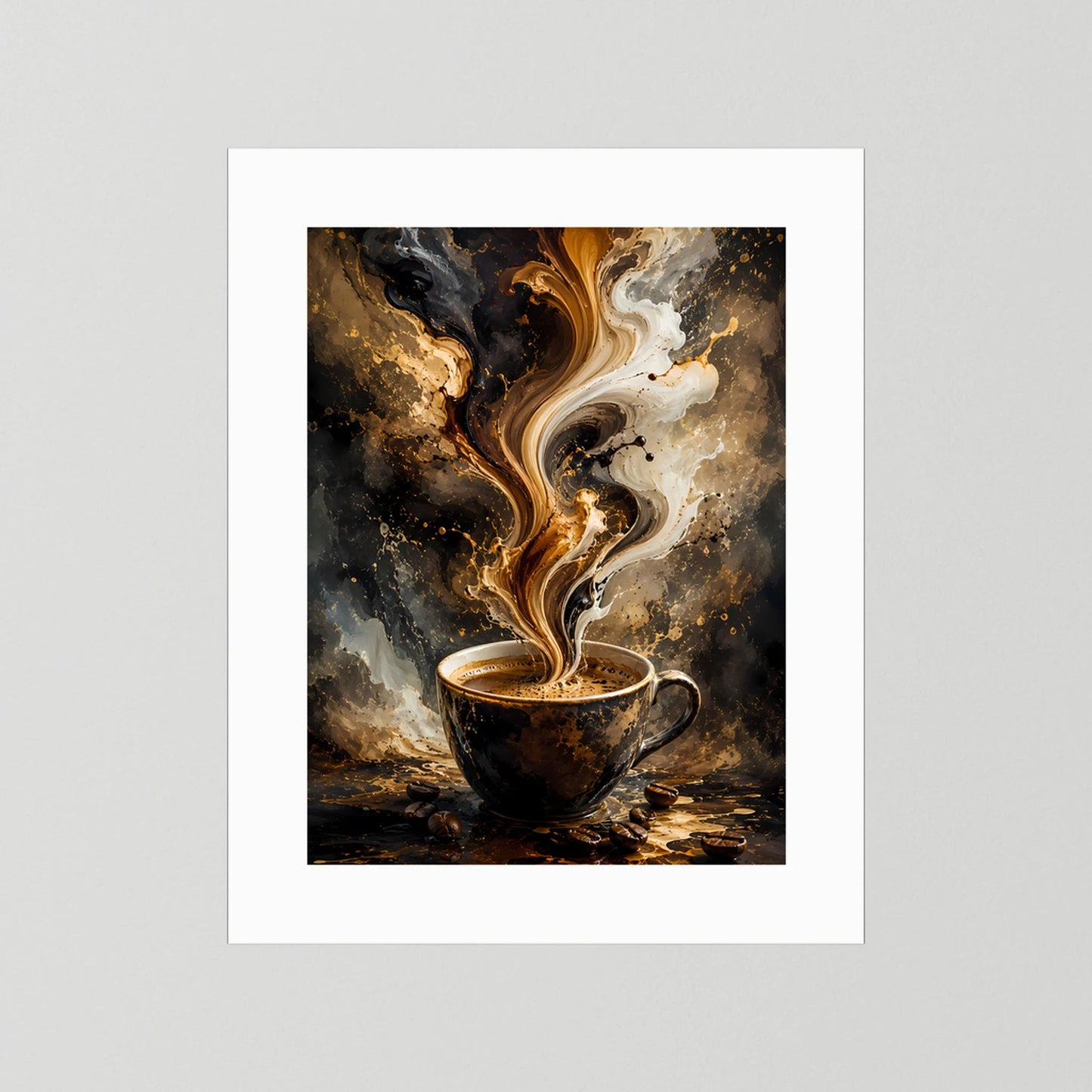 Hochformat-Poster mit Kaffeetasse und abstraktem Farbwirbel, ohne sichtbaren Rahmen.