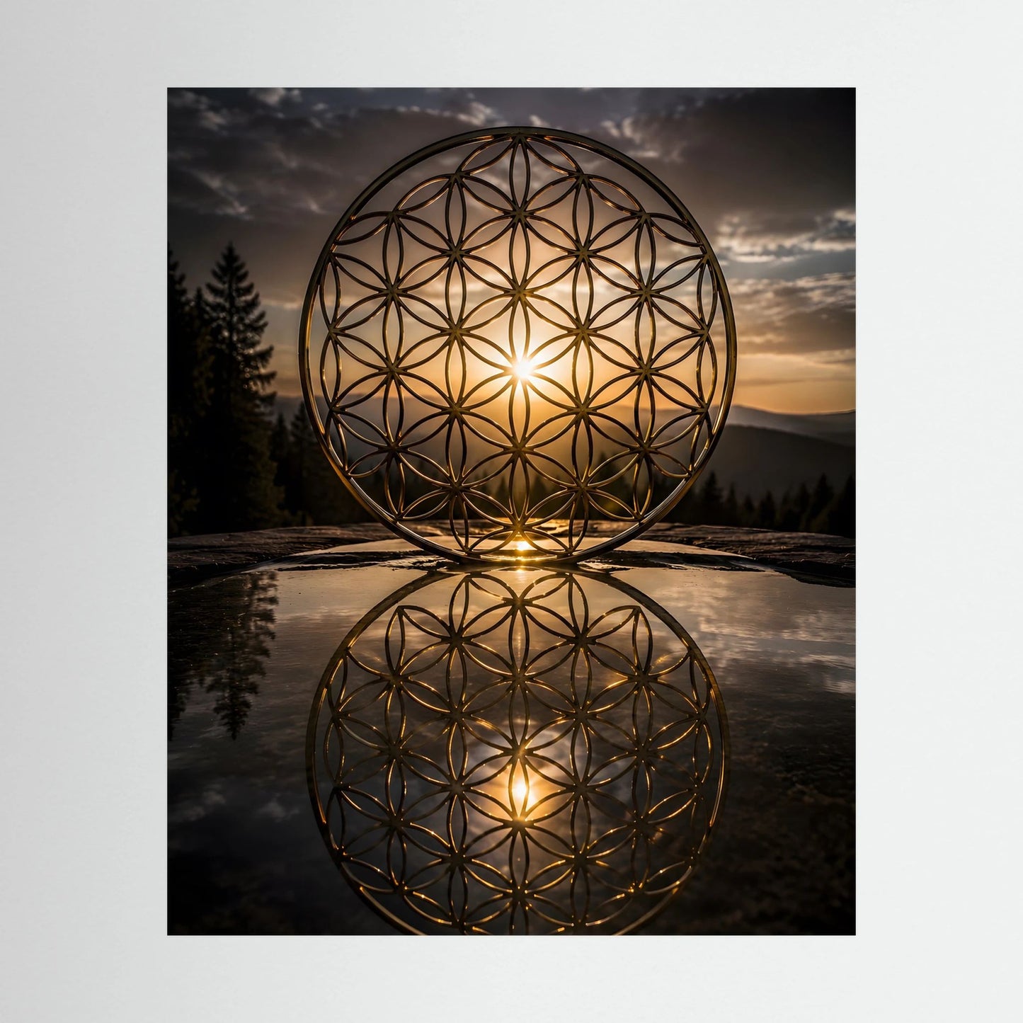 Hochformatiges Poster mit goldener Blume-des-Lebens-Kugel und spiegelnder Reflexion
