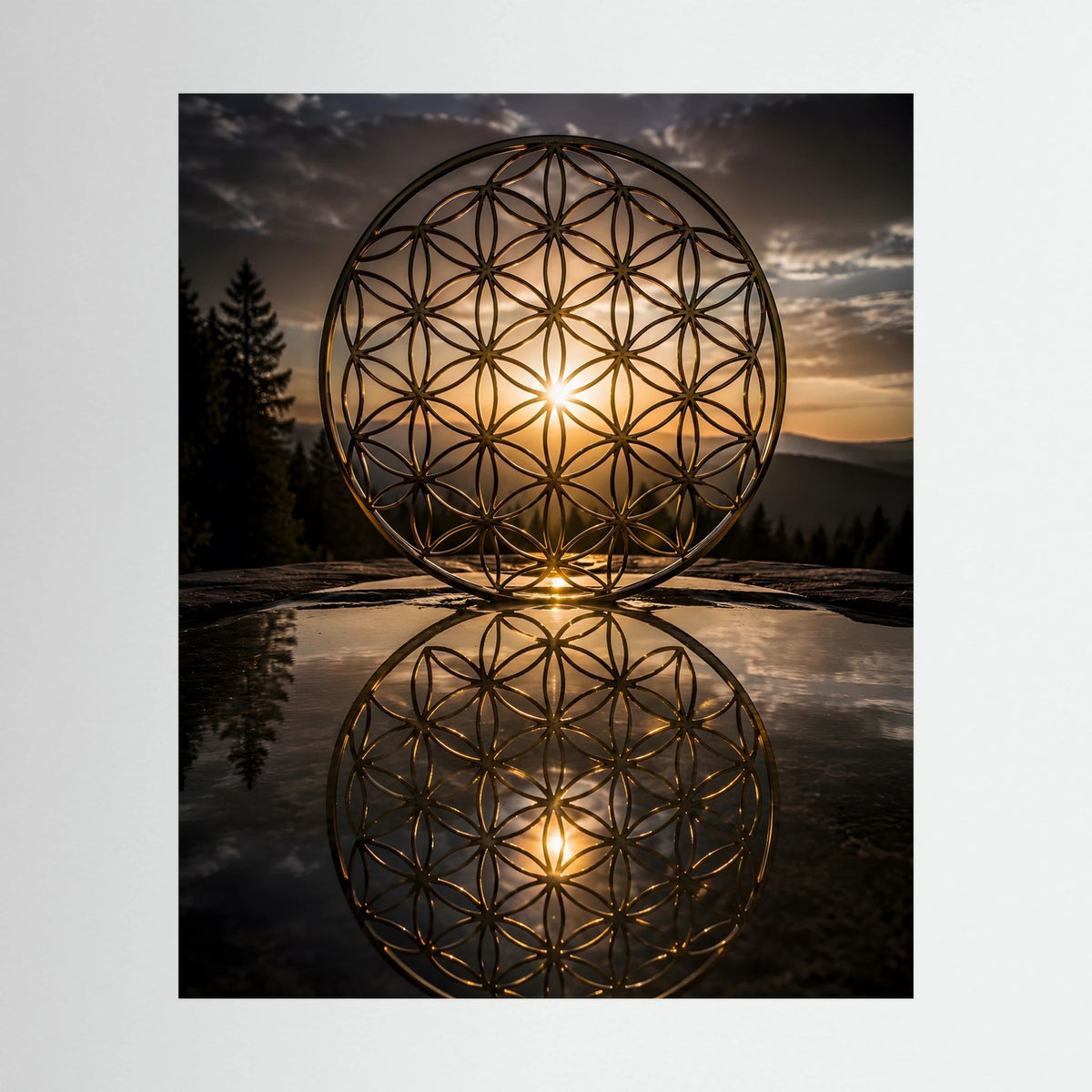 Hochformatiges Poster mit goldener Blume-des-Lebens-Kugel und spiegelnder Reflexion