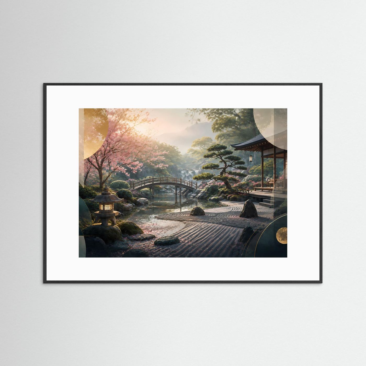 Japanischer Zen Garten Poster Querformat | Kirschblüten, Bonsai & Japanische Brücke | Asiatisches Wandbild in Rosa, Grün & Gold