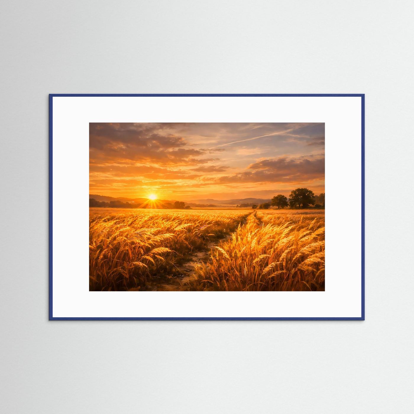 Wandbild mit goldenem Weizenfeld und Sonnenuntergang, blauer Rahmen