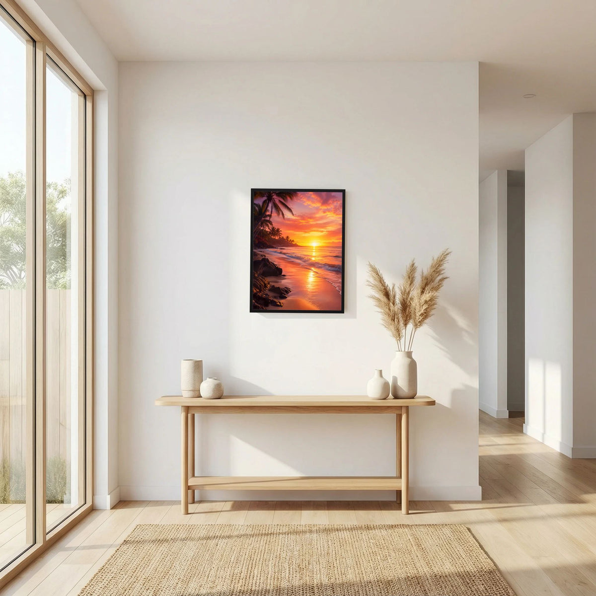 Poster Hochformat mit Strand-Sonnenuntergang und Palmen, warmes Orange/Rosa, schwarzer Rahmen