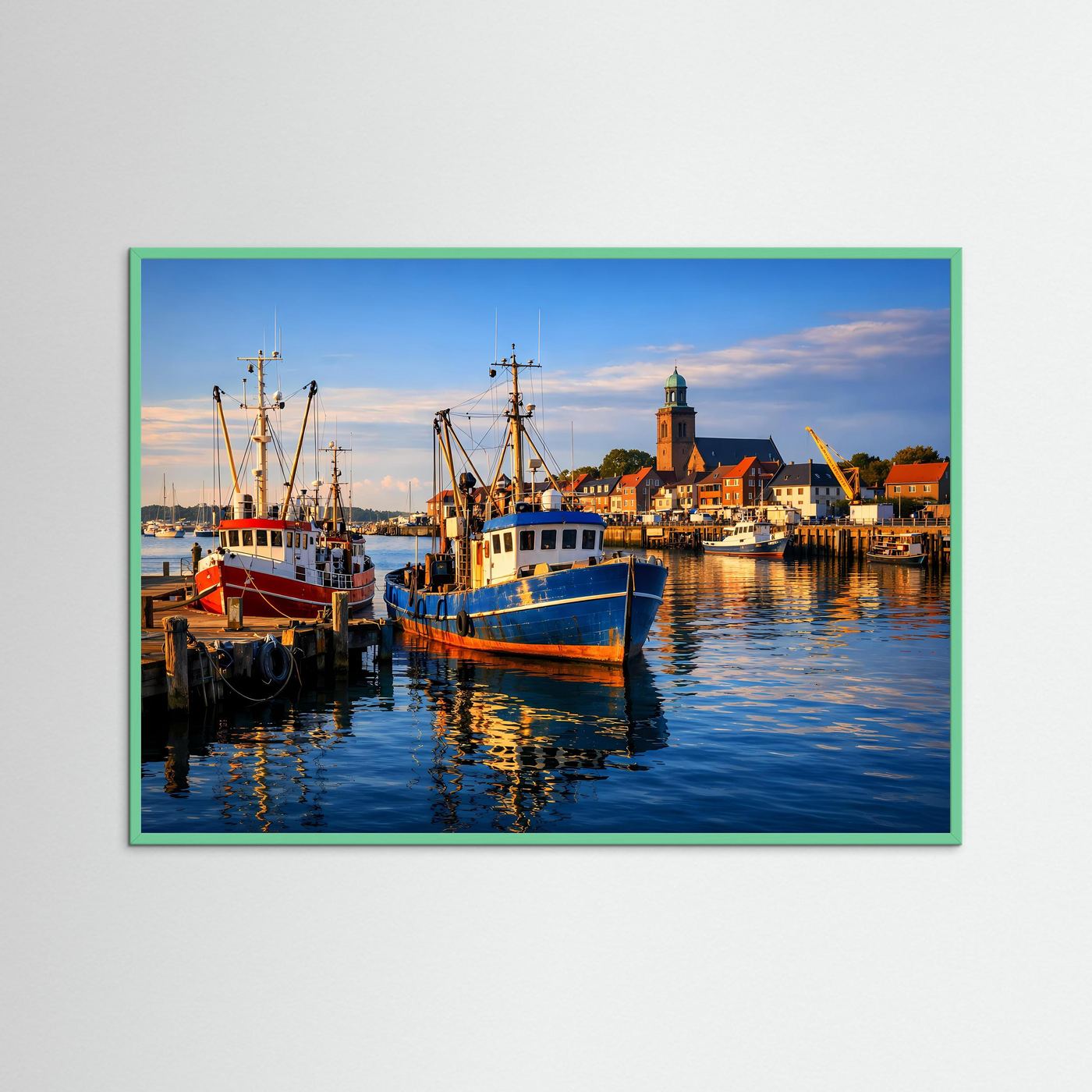 Maritimes Hafenszene-Poster mit Fischereihafen, Leuchtturm und Booten, türkisgrüner Rahmen, Querformat