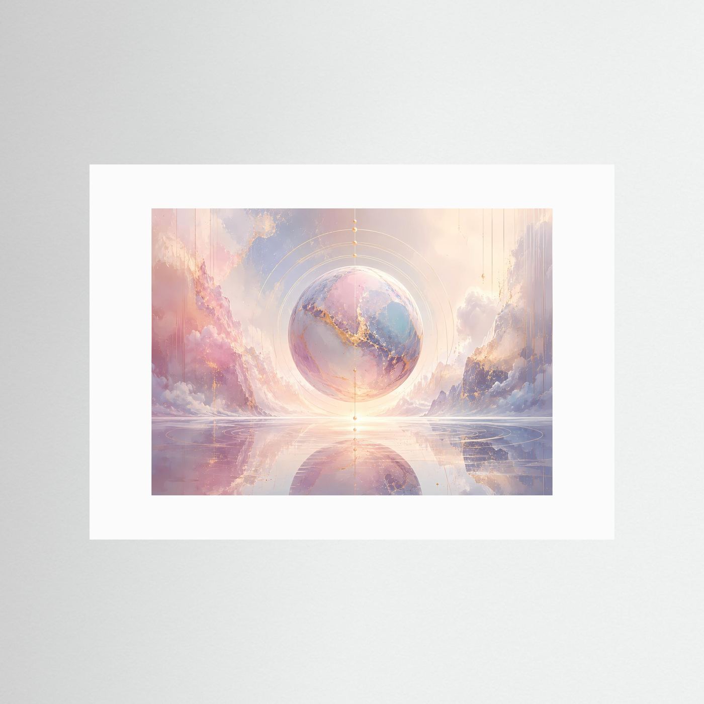 Abstrakte Sphäre Poster | Pastell Kosmos Wandbild mit Goldakzenten | Moderne Surreale Himmelskunst Querformat