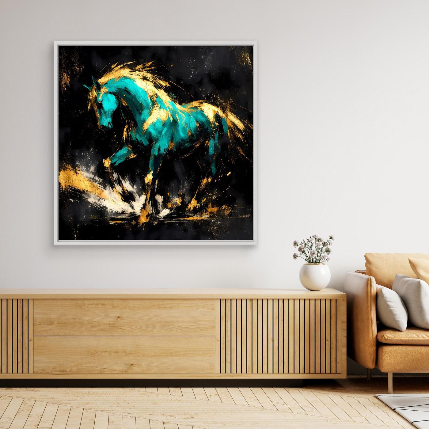 Leinwand Kraftvolles Pferd in Türkis und Gold | Modernes Abstraktes Wildtier Wandbild