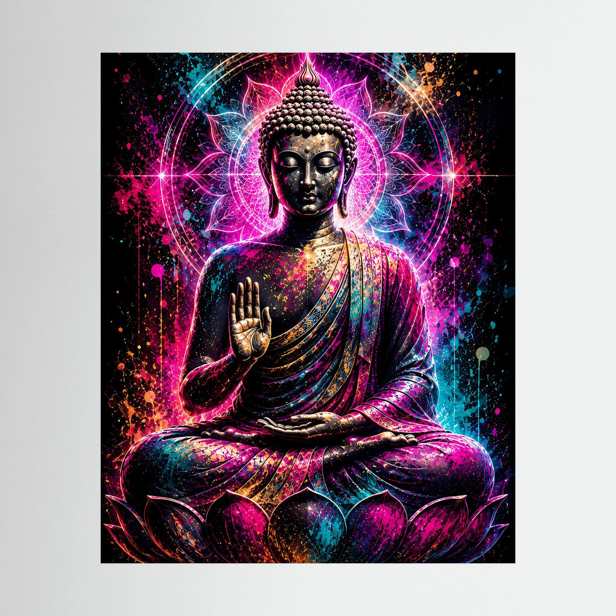 Neon-Buddha-Wandbild: meditierender Buddha auf Lotus in Pink/Türkis, Hochformat