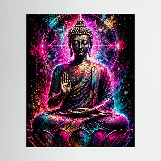 Neon-Buddha-Wandbild: meditierender Buddha auf Lotus in Pink/Türkis, Hochformat