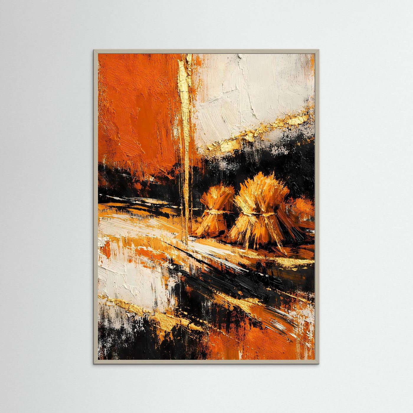 Gerahmtes abstraktes Kornfeld-Poster mit orangefarbenen Flächen und schwarzen Balken, Hochformat