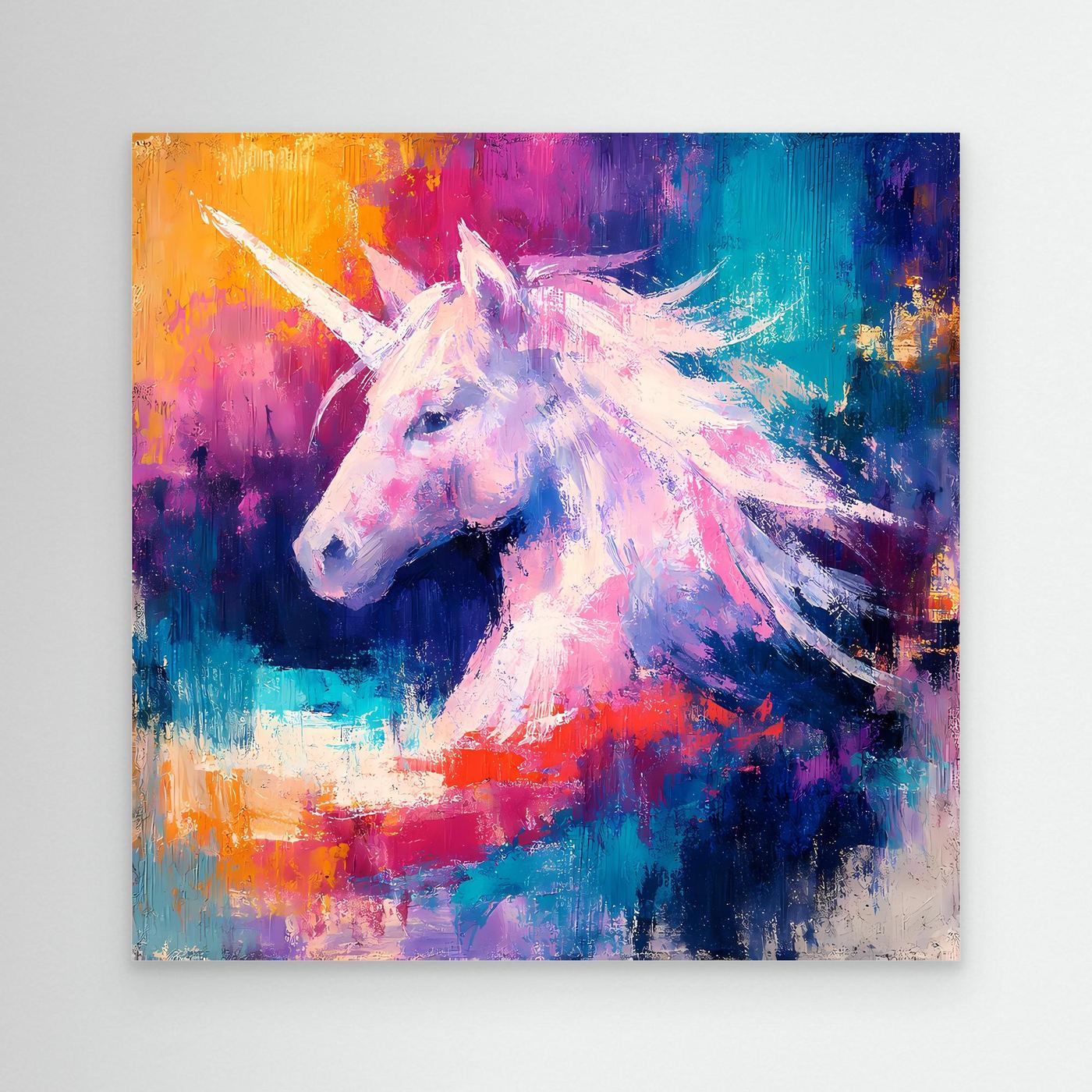 Leinwand Elegantes Einhorn im Farbenmeer | Abstraktes Fantasy & Pastell Wandbild