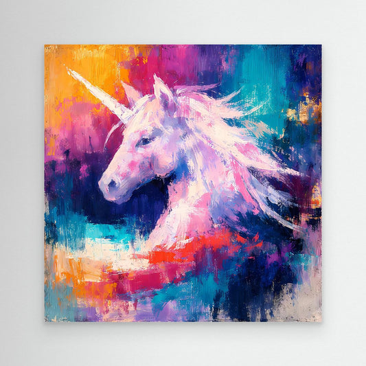 Unframed unicorn canvas wall art with pastel multicolor abstract brushstrokes