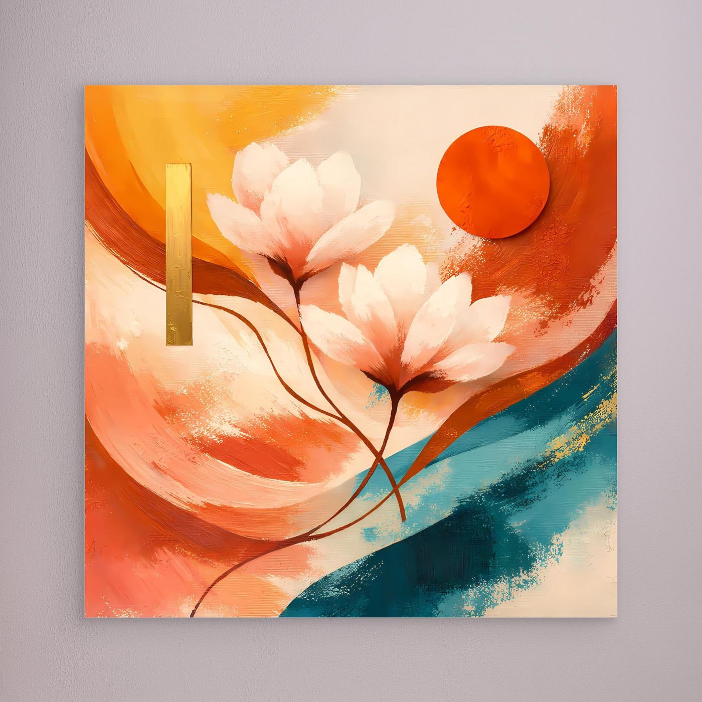 Leinwandbild mit abstrakten Lotusblüten in Beige, Orange und Türkis, mit schmalem Rand