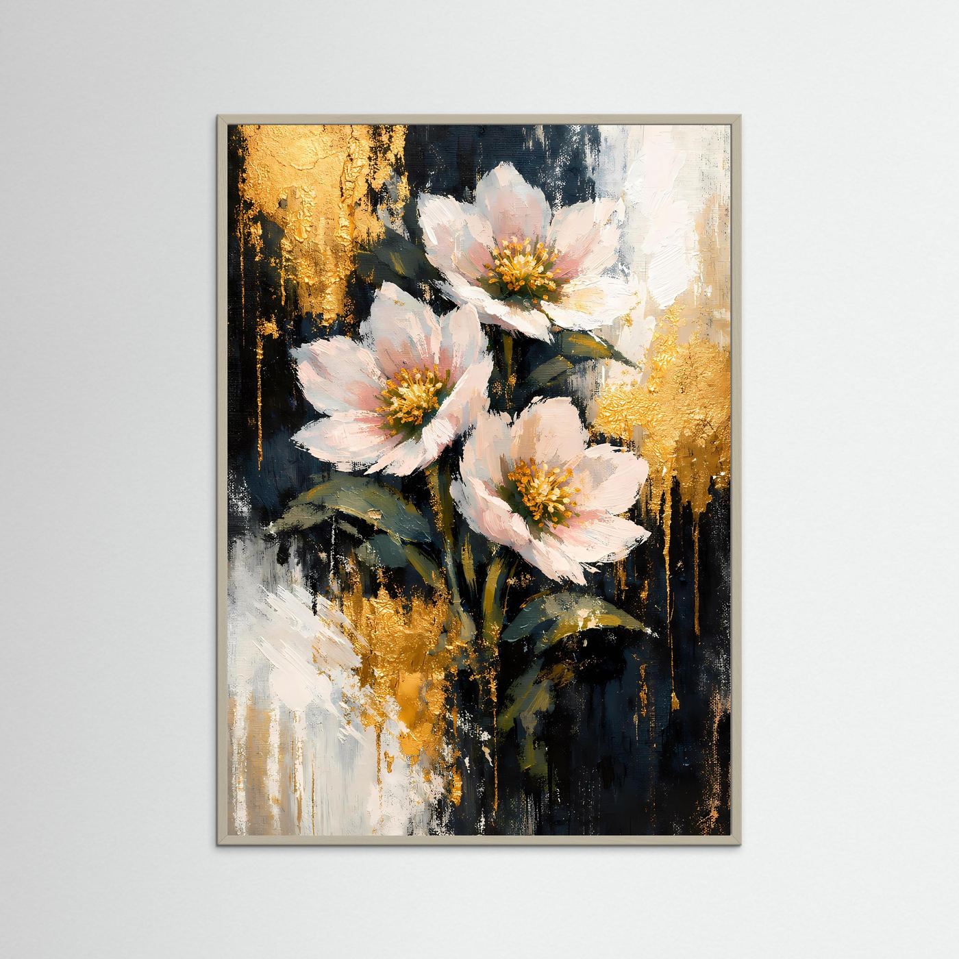 Abstraktes Blumenposter im Hochformat mit rosa Blüten, beigem Holzrahmen