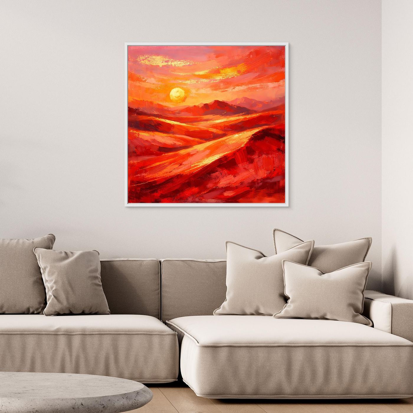 Abstraktes Leinwandbild: orange-roter Sonnenhimmel über dynamischen Strukturen, gerahmt