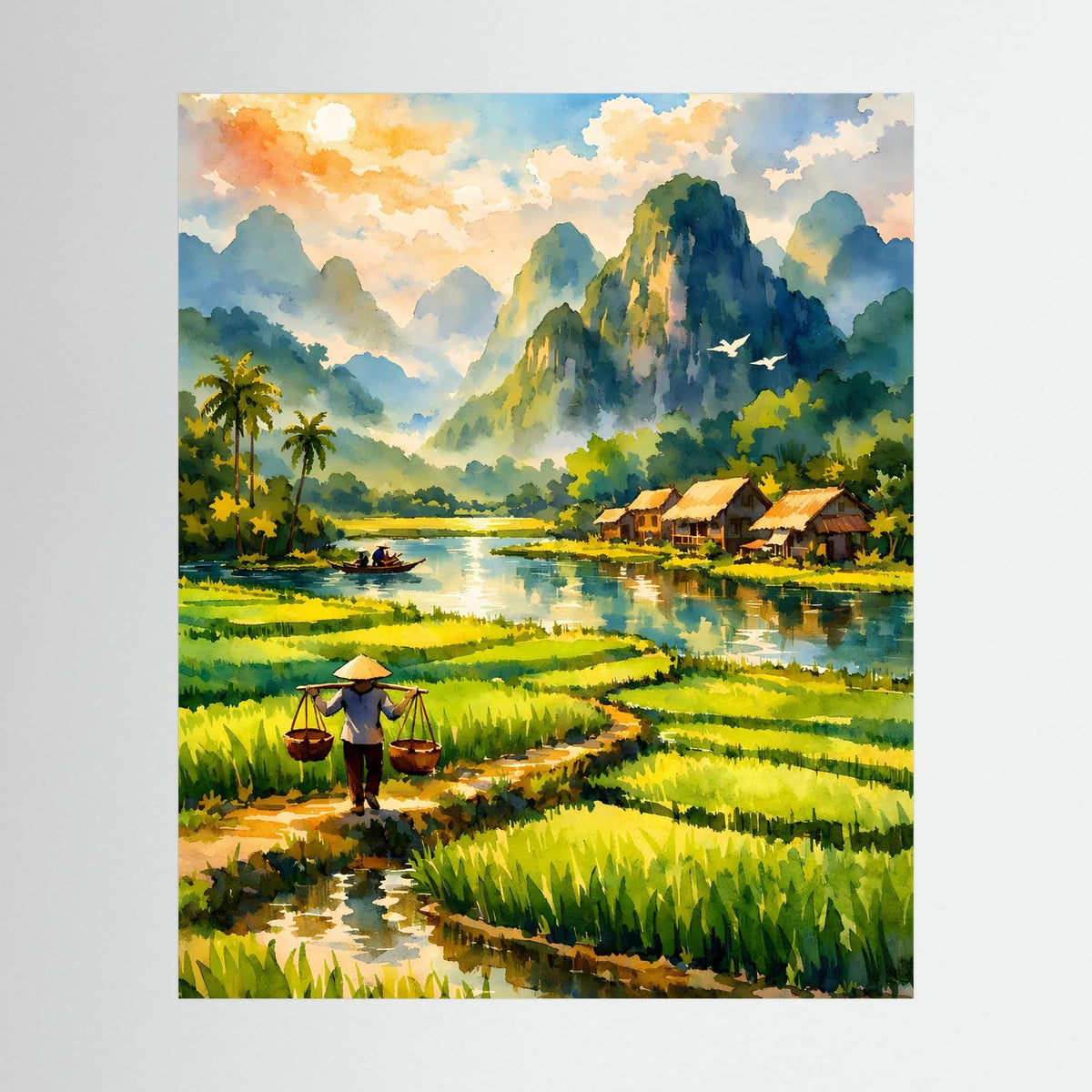Wandbild mit tropischer Flusslandschaft, Reisfeldern und Dorf am Ufer, Hochformat