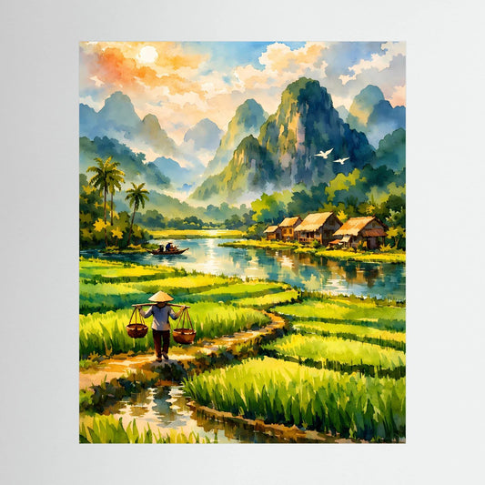 Wandbild mit tropischer Flusslandschaft, Reisfeldern und Dorf am Ufer, Hochformat