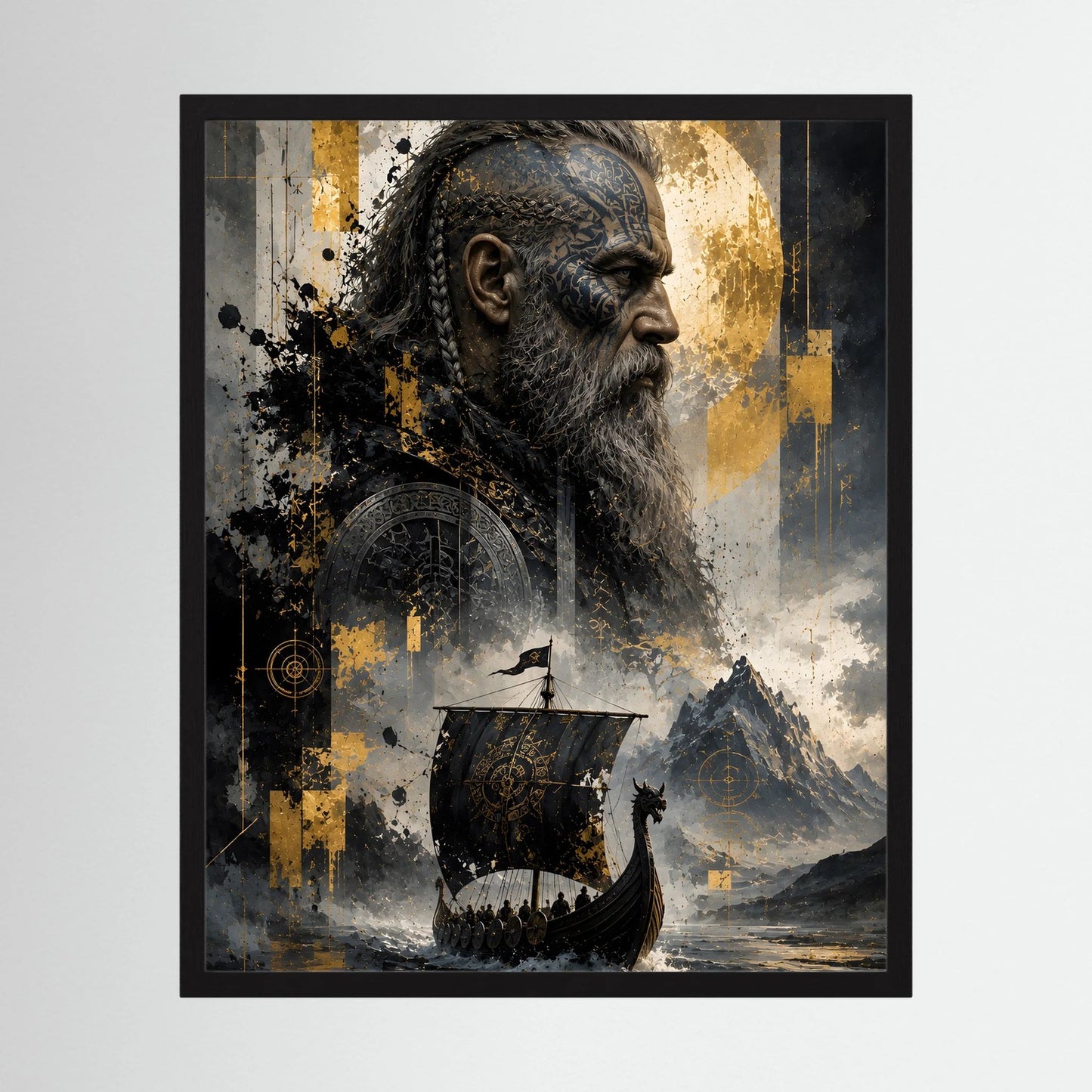 Kunstposter mit Wikingerkrieger, Wikingerschiff, gold-schwarzer Grafik und Bergen