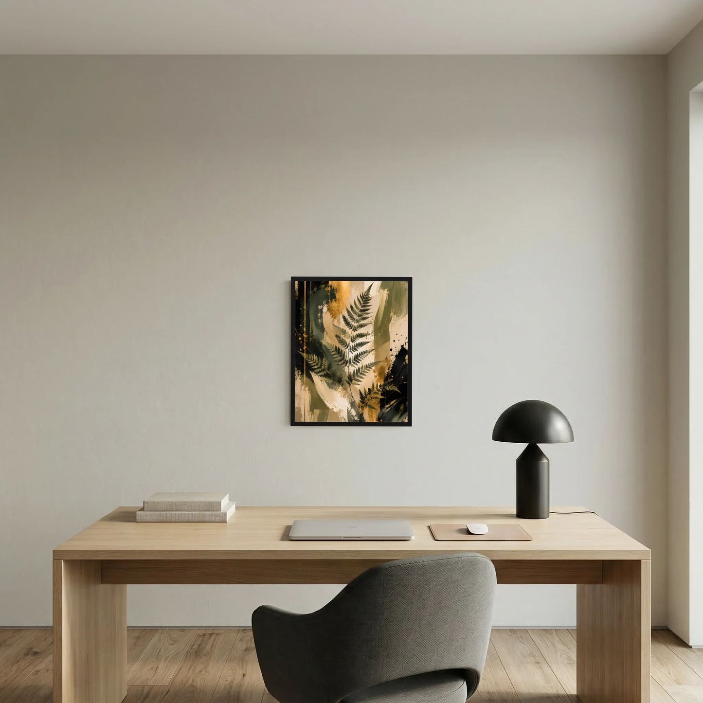 Gerahmtes Kunstposter mit Farnblättern in Grün und Gold, modernes Design