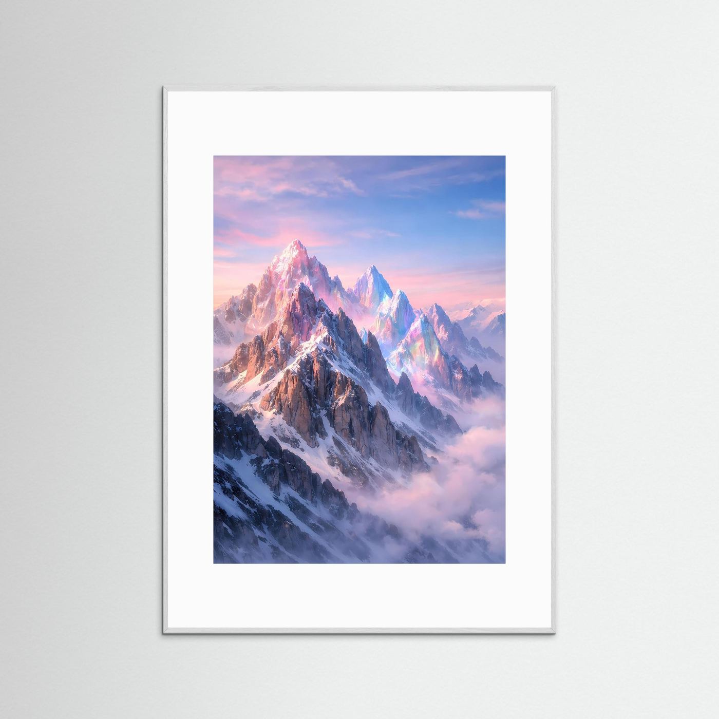 Bergposter mit schneebedeckten Alpen im Abendhimmel, grauer Rahmen, Hochformat