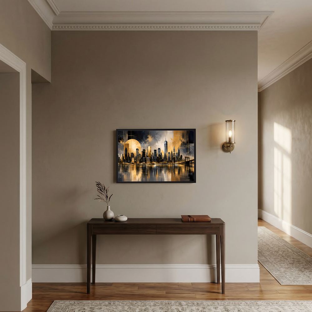 Querformat-Poster mit New Yorker Skyline und Brooklyn Bridge in Schwarz-Gold, gerahmt
