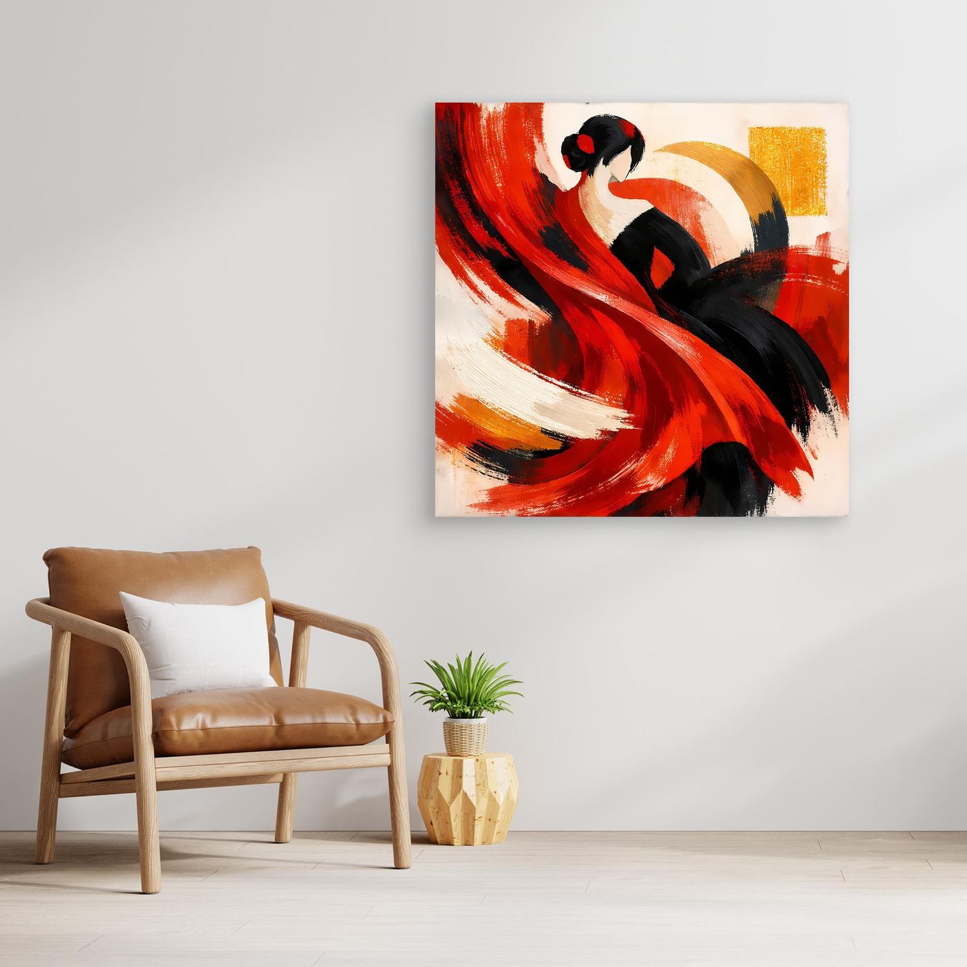 Gerahmtes Leinwandbild Flamenco-Tänzerin, abstrakte Rot-Schwarz-Bereiche, Holzrahmen