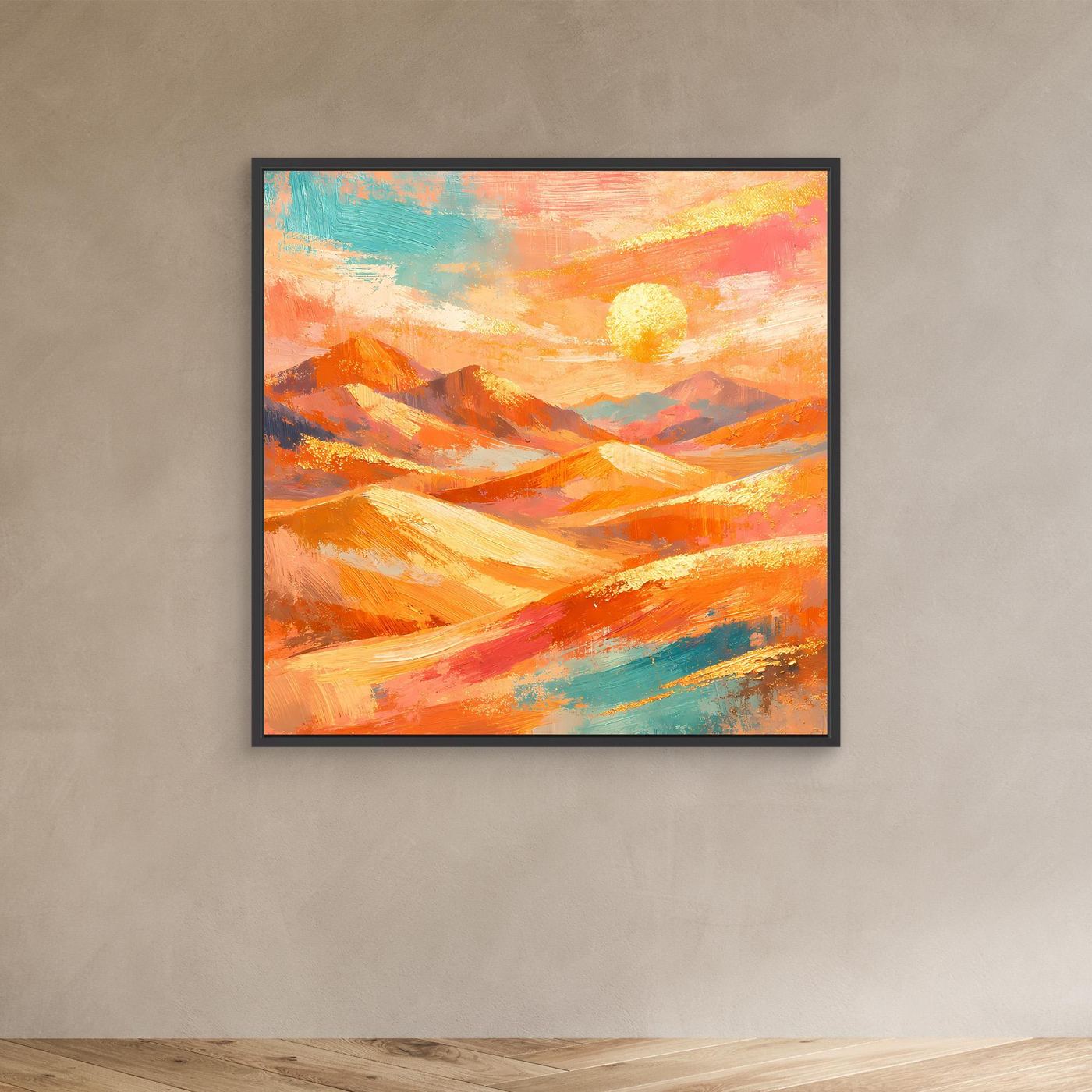Leinwandbild abstrakte Wüstenlandschaft mit Sonne und Bergzügen, schwarz gerahmt