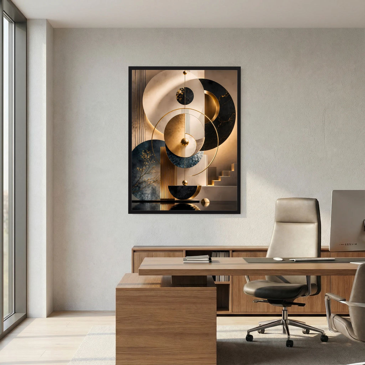 Vertikales Poster: abstrakte goldene Kreisformen in Schwarz, Beige und Petrol im schwarzen Rahmen