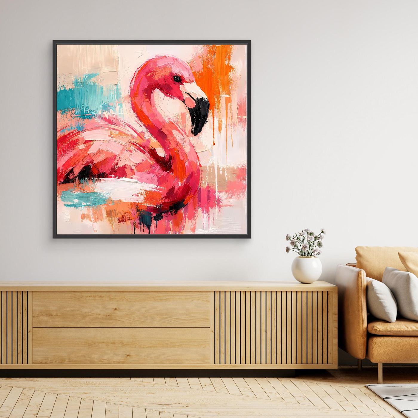 Leinwandbild mit abstraktem Flamingo, Pink-Orange, schwarzer Rahmen, Pop-Art-Stil