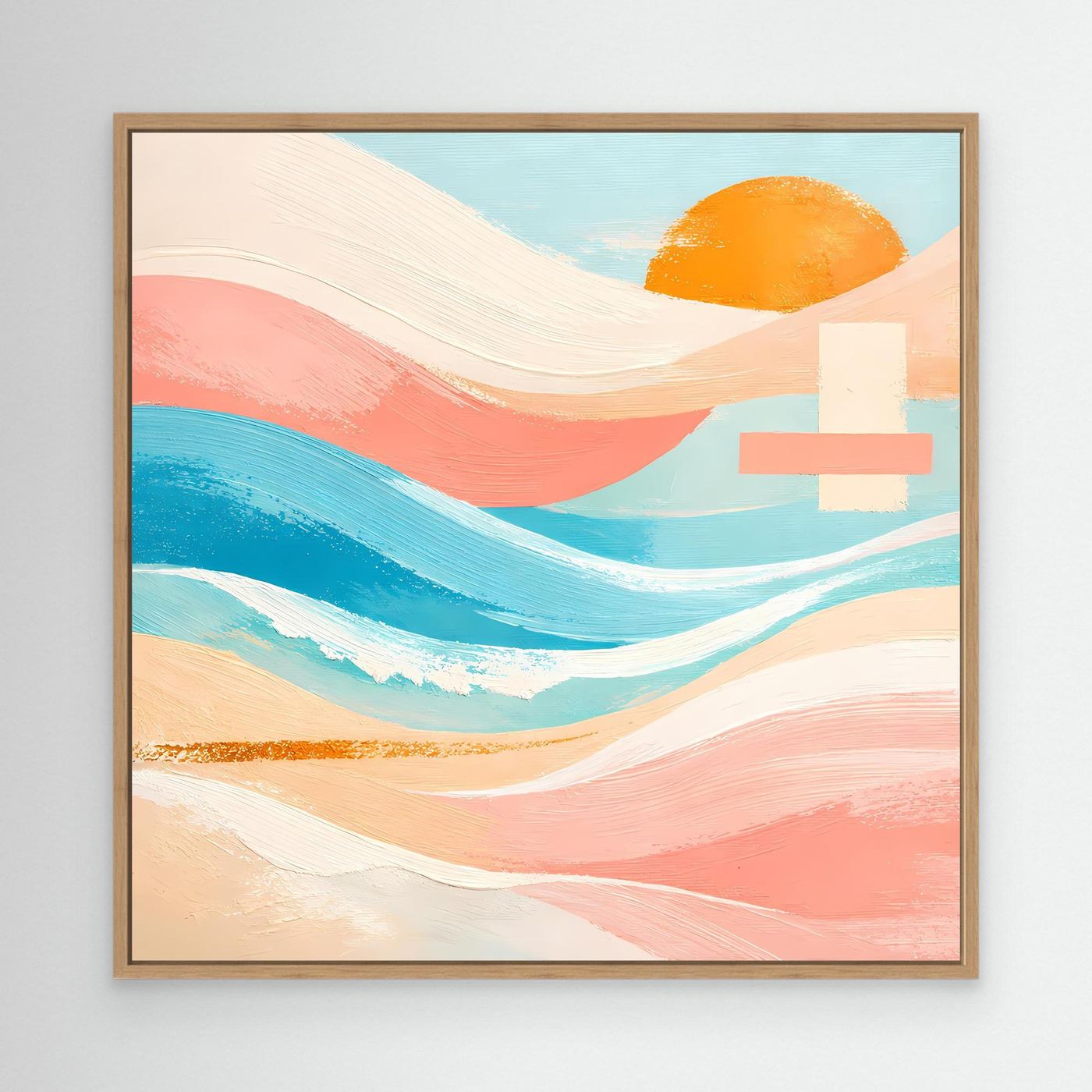 Abstraktes Leinwandbild mit Meer- und Sonnenmotiv im braunen Holzrahmen, Pastellfarben