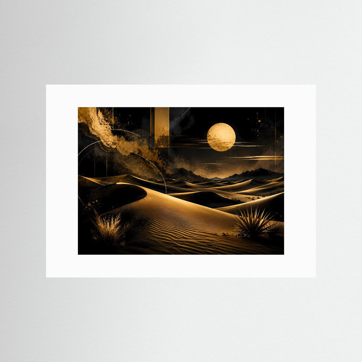 Poster mit Sanddünen bei Nacht in Schwarz und Gold, weißer Rand, Querformat