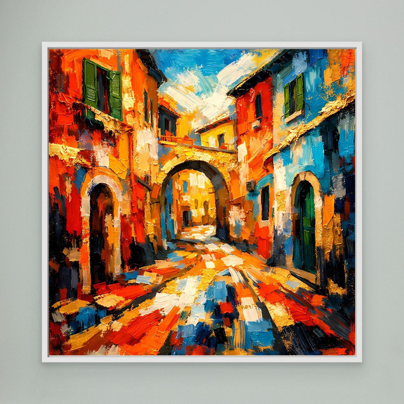 Leinwandbild: abstrakte Gasse mit Orange-, Rot- und Blautönen, Bogengänge