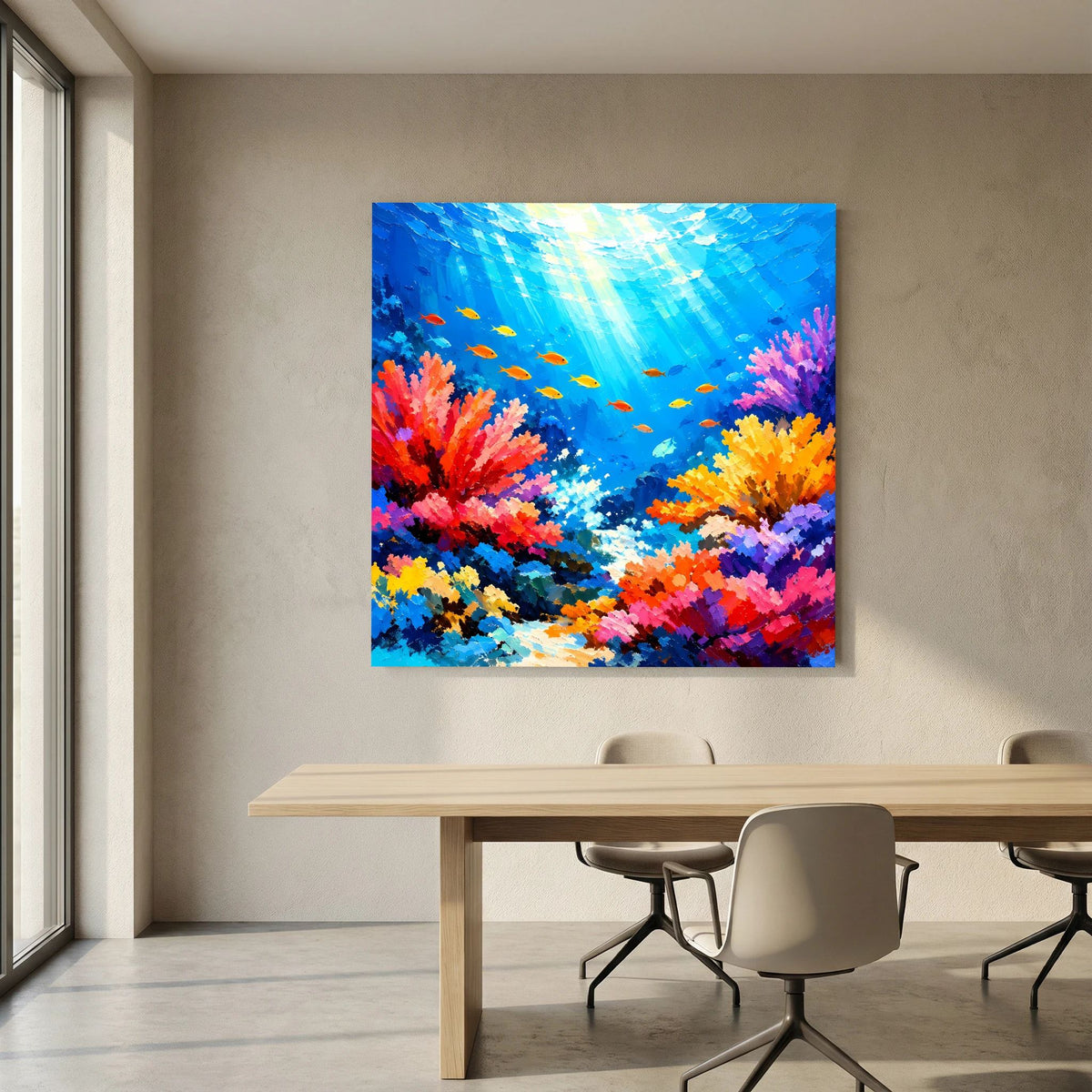 Quadratisches Unterwasser-Wandbild mit bunten Korallenriffen und kleinen Fischen