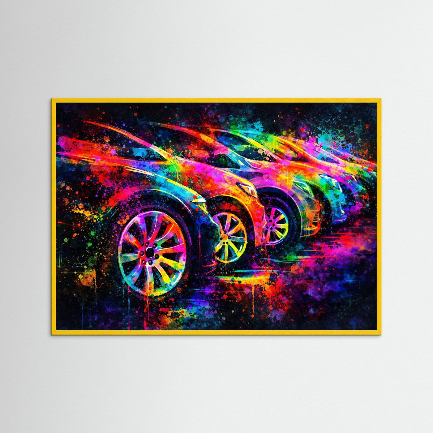 Sportwagen-Wandbild mit bunten Licht- und Farbspritzern, gelb-orange eingefasst