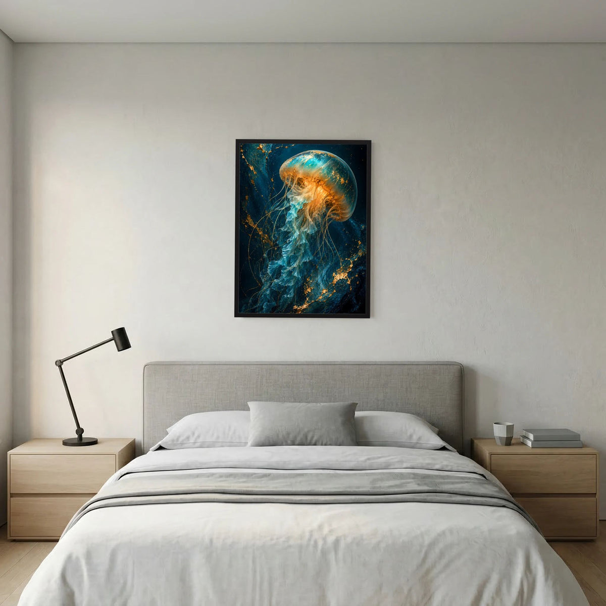 Gerahmtes Poster mit leuchtender Qualle in Türkis und Gold (Hochformat)