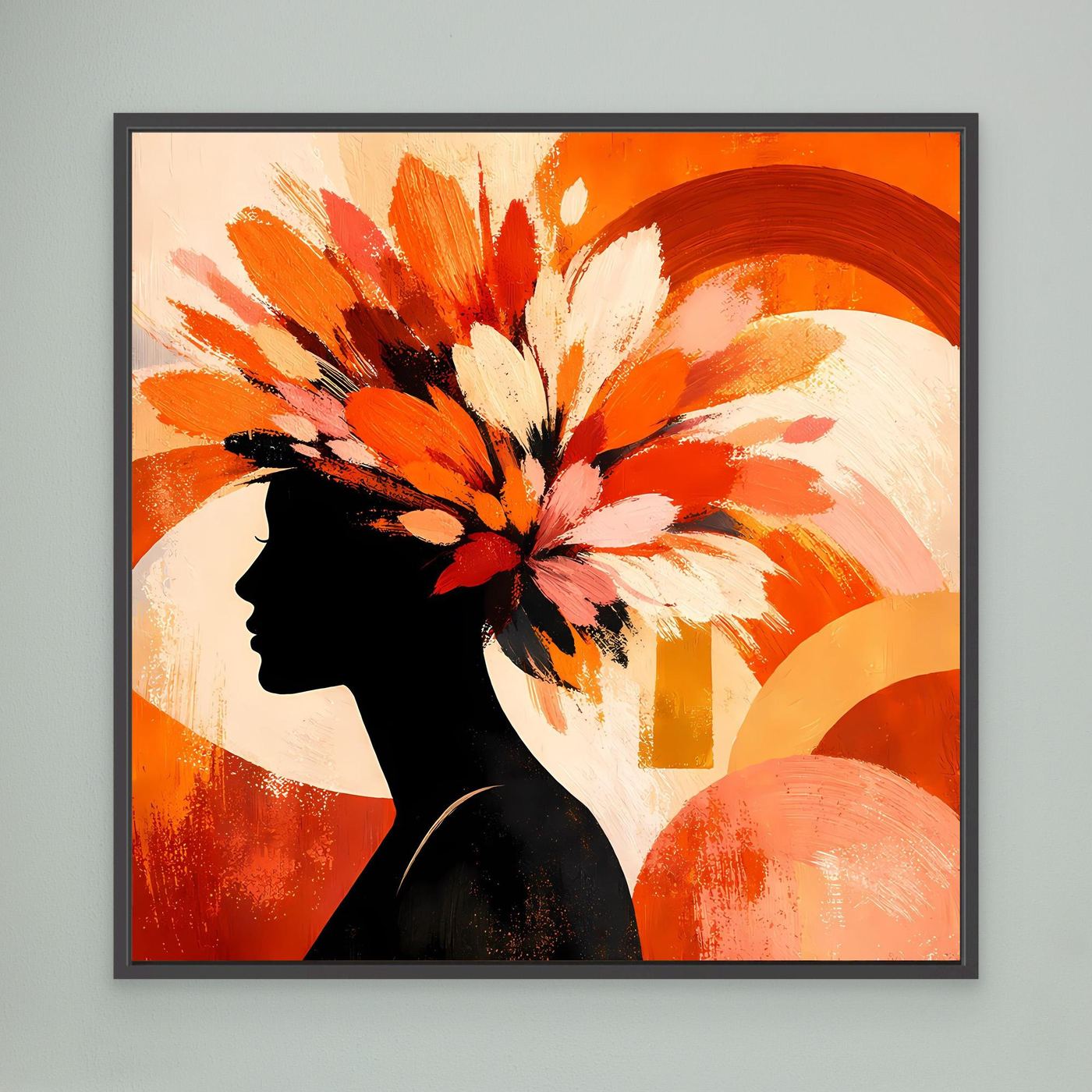 Leinwandbild mit Frauen-Silhouette und Blumenkranz, abstrakt, schwarz gerahmt