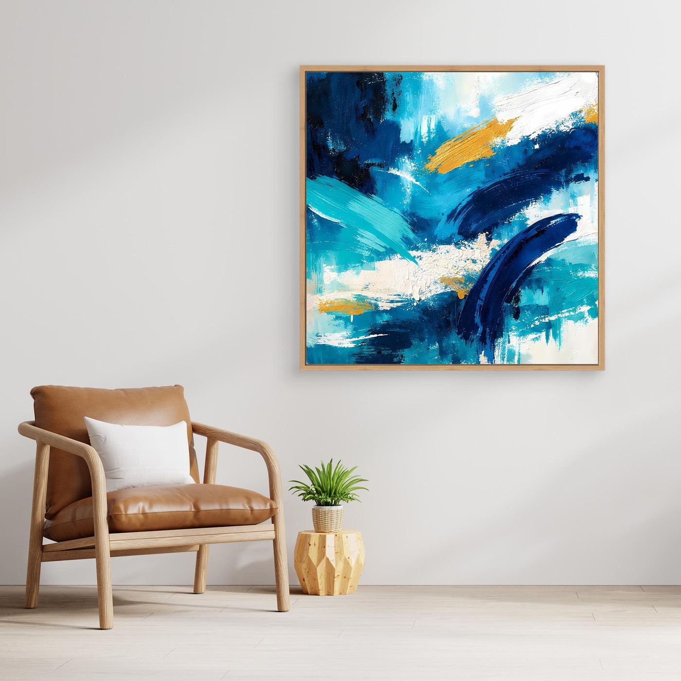 Framed abstract blue and gold canvas wall art with sweeping teal and navy strokes, square
