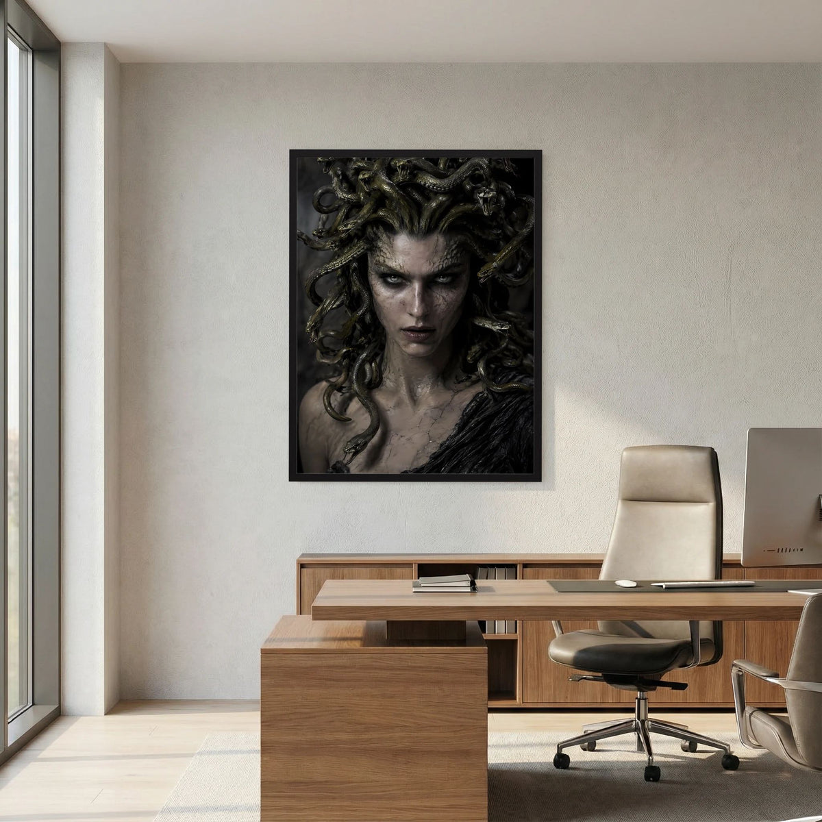 Fantasy-Poster mit Medusa: dunkles Porträt einer Frau mit Schlangenhaaren im schwarzen Rahmen